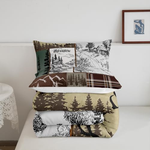 Homewish Rustic Cabin Comforter Set Queen,Adventure and Hunting Deer Antler Bedding Set,Boys Men Adult Room Decor Pine Wooden Plaid Patchwork Quilt Set Vintage Brown Duvet Insert 3Pcs