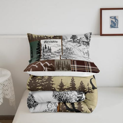 Homewish Rustic Cabin Comforter Set Queen,Adventure and Hunting Deer Antler Bedding Set,Boys Men Adult Room Decor Pine Wooden Plaid Patchwork Quilt Set Vintage Brown Duvet Insert 3Pcs