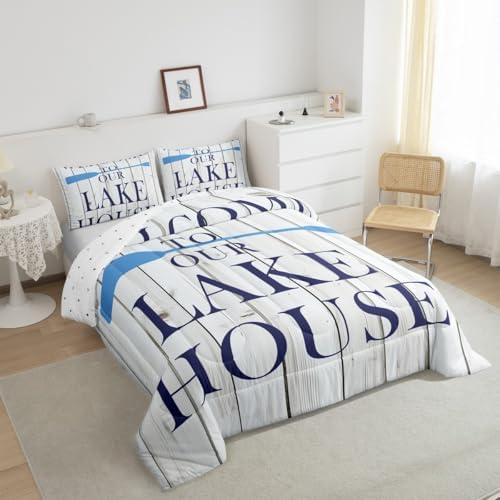 Lake House Comforter Set Full Size, Cabin Rustic Farmhouse Style Bedding Set 3pcs, Grey Wooden Plank Lake Themed Down Comforter for All Season, Kids Boys Girls Room Decor, 2 Pillowcases, No Sheets