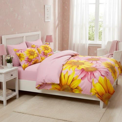 CCoutueChen Sunflower Comforter Set Full Size, Pink Yellow Bedding Set, 3 Pieces Oil Painting Bedroom Decor with 2 Pillowcases/79 * 90