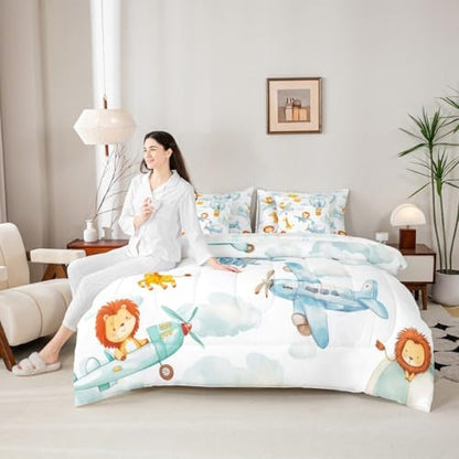 Erosebridal Cute Airplane Comforter Set with Sheets King Size, Cartoon Aircraft 7 Pcs Bedding Set, Lovely Lion Giraffe Hamster Wildlife Bed in A Bag, White Cloud Bed Sets for Boys Kids Girls Adults