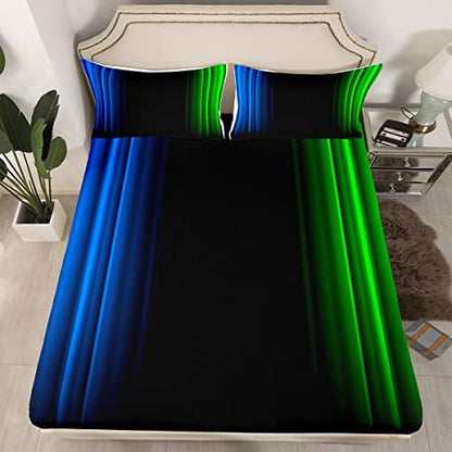 Feelyou Geometric Abstract Ombre Bed Sheets Kids Boys Teens Blue Green and Black Striped Sheet Set Decor Modern Fashion Bed Set Bedroom Collection 4Pcs Queen Size