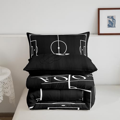 Boys Bedding Twin Football Comforter Set, Kids Ball Gaming Bedding Comforter Sets Teens Soccer Duvet Insert, Black Football Field Down Comforter, Black Reversible 3pcs 1 Comforter + 2 Pillow Case