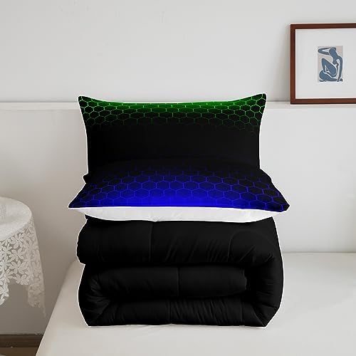 Feelyou Ombre Honeycomb Comforter Set Twin, Green Blue Ombre Hexagon Bedding Set Beehive Hexagon Comforter Kids Toddler Stereoscopic Duvet Set with 1 Pillow Case