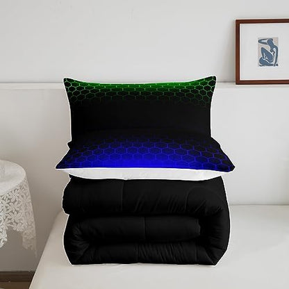 Feelyou Ombre Honeycomb Comforter Set Queen, Green Blue Ombre Hexagon Bedding Set Beehive Hexagon Comforter Kids Toddler Stereoscopic Duvet Set with 2 Pillow Case