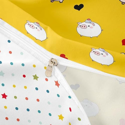 Pig Duvet Cover Cartoon Animal Bedding Set Cute Pigs Printed Decor Yellow Comforter Cover for Kids Teen Girls Boys Soft Microfiber Reversible Bedspread,1 Duvet Cover with 1 Pillowcase, Twin Size