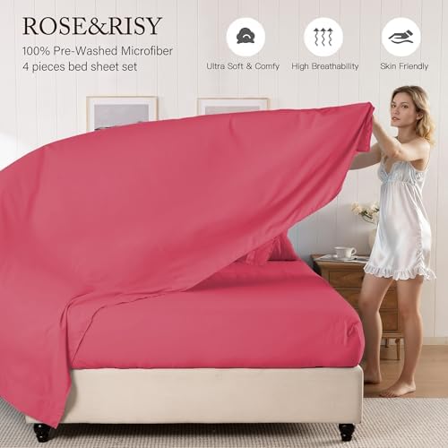 ROSE&RISY Magenta Queen Sheet Set, Pre-Washed Cotton-Like Brushed Microfiber, 4 Pcs Super Soft Breathable Cooling Bed Sets,Includes 1 Fitted, 1 Flat, 2 Pillowcases(Magenta, Queen)