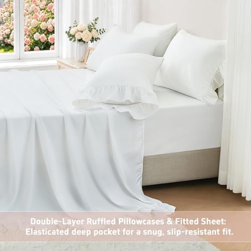 FUANNA King Sheets 4 Pieces - White Sheets with 4-Inch Ruffles Bed Skirt