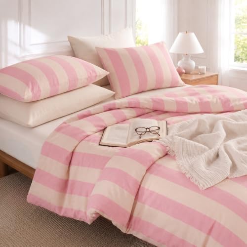Bedbay Pink Striped Duvet Cover Set Queen Size, 100% Cotton 300TC Sateen, Pink Cream Cabana Stripe Bedding, Soft Smooth Breathable Feminine Set, 3 Pieces