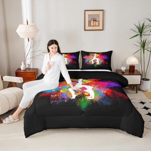 Gymnastics Dancing Comforter Set Full Size,Girls Rainbow Watercolor Tie Dye Bedding Set for Kids Woman Room Decor,Cheerleading Quilt Set Yoga Lover Duvet Insert 3pcs with 2 Pillowcases,Black