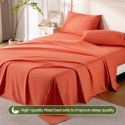 ROSE&RISY Orange Red Full Sheet Set, 4 Pieces Soft Bedding Sheet Set, Breathable and Cooling Sheet Bed Set,Includes 1 Fitted Sheet, 1 Flat Sheet, 2 Pillowvcases - Deep Pocket (Orange Red, Full Size)