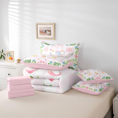 Erosebridal Cute Goose Duck King 7-Piece Comforter Set Pink Geometric Grid Cartoon Animal Bedding Set with Sheets for Kids Girls Pastel Coquette Bow Bed in a Bag Teens Leaf Floral Birthday Room Decor