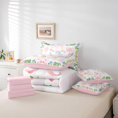 Erosebridal Cute Goose Duck 7-Piece Bed in a Bag Full Pink Geometric Grid Cartoon Animal Bedding Set Kids Girls Pastel Coquette Bowknot Comforter Set with Sheets Teens Leaf Floral Plaid Birthday Decor