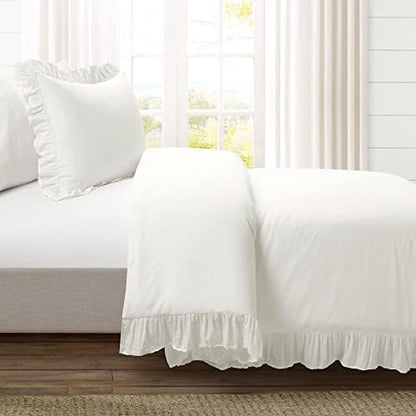 Lush Decor Reyna Ruffle Cotton Duvet Cover Set 2 Piece Set Twin XL, White - Cute Teen Bedding Set - White Duvet - Ruffled Bedding - Coquette Dorm Decor