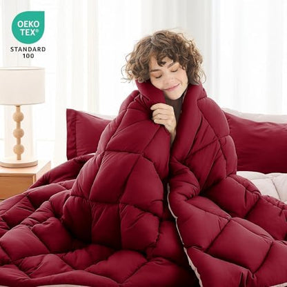 MUXHOMO 7 Pieces Queen Comforter Set, Reversible Bed in a Bag Queen Size, All Season Bedding Set with Comforter, Flat Sheet, Fitted Sheet, Pillowcases & Shams, Burgundy & Rose Gold