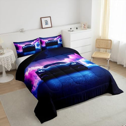 Erosebridal Boys Race Car Twin Size Bedding Set,Extreme Sports Car Bed for Boys Kids,Purple Black Kids Racing Car Comforter,Cool Speed Luxury Car Decor Quilt Set Soft for All Season Bedroom Decor