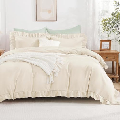 Andency Beige Ruffle Duvet Cover Queen, Shabby Chic Farmhouse Bedding Set