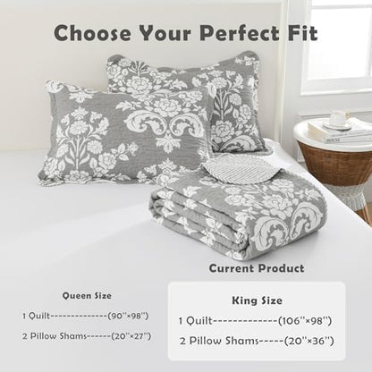 King Size Quilt Set - 100% Cotton Grey and White Quilts, 106x98