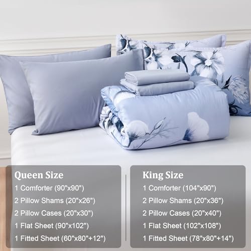 Luxudecor Floral Comforter Set King Size 7 Piece, Blue Flower Bed in a Bag, Elegant Gradient Floral Comforter with Sheet Set, Soft Seersucker Microfiber Bedding Set for All Season (Blue, 104"x90")