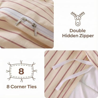 Bedbay 100% Cotton Striped Duvet Cover Set King Size, Warm Apricot Bedding Set, 100% Cotton Sateen, Silky Soft Cozy 3 Piece Duvet Cover for All Seasons
