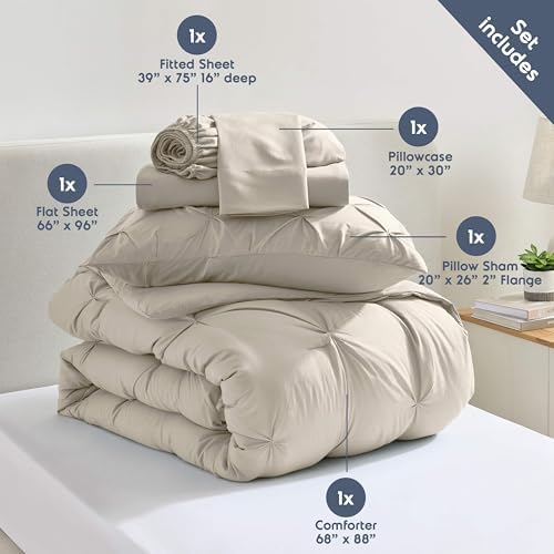 Nestl 7 Piece Twin Comforter Set – Beige Pinch Pleated Bed in a Bag – Complete Twin Size Bedding Set with Sheets, Set of 2 Cooling Pillows, Pillowcase and Sham