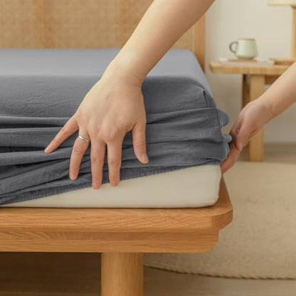 BESTOUCH Cal King Washed Cotton Linen Feel Sheet Set 4 Pcs Quiet Shade Grey