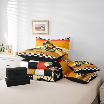 Feelyou Orange Motocross Rider Comforter Set Full 7 Pieces Desert Dirt Bike Bedding Set Sunset Track Design Bed in a Bag Checkered Flag Room Decor Off-Road Motorcycle Quilted Breathable Soft