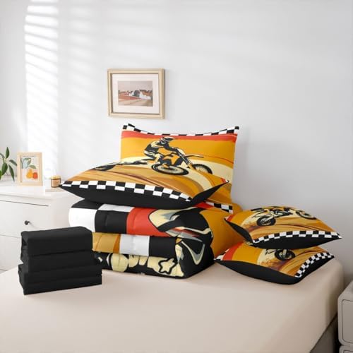 Feelyou Orange Motocross Rider Comforter Set King 7 Pieces Desert Dirt Bike Bedding Set Sunset Track Design Bed in a Bag Checkered Flag Room Decor Off-Road Motorcycle Quilted Breathable Soft