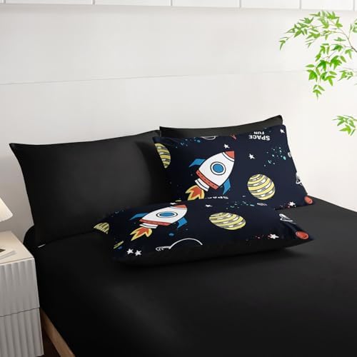 7pcs Space Comforter Set Astronaut Space Rocket Printed Bedding Set with 1 Comforter, 1 Flat Sheet, 1 Fitted Sheet and 4 Pillowcases for Boys and Girls Bedroom (Astronaut Twin