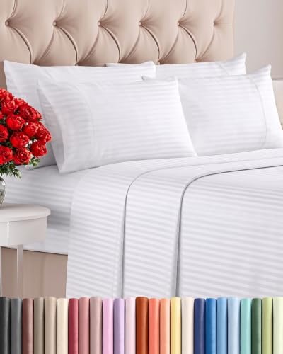 Full 6 Piece Bed Sheet Set - Breathable & Cooling Sheets - Striped White