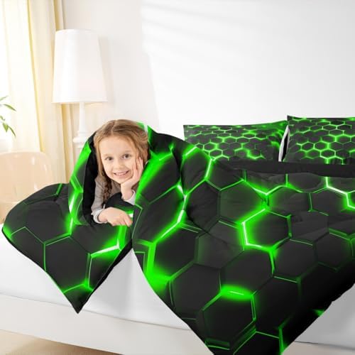 Erosebridal Geometric Comforter Set Full Size,Teen Boys Green Black Neon Light Honeycomb Bedding Sets,Hexagon Comforter Modern Fashion Quilted Duvet 2 Pillow Cases Home Room Decor