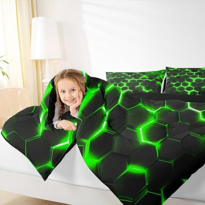 Erosebridal Geometric Comforter Set Full Size,Teen Boys Green Black Neon Light Honeycomb Bedding Sets,Hexagon Comforter Modern Fashion Quilted Duvet 2 Pillow Cases Home Room Decor
