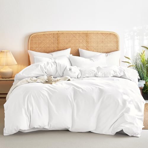Wake In Cloud - Cotton Duvet Cover Set, 100% Washed Cotton, Linen Like Textured, Breathable Durable Comfy Farmhouse Neutral Bedding Set, 3 Pieces, White, King Size