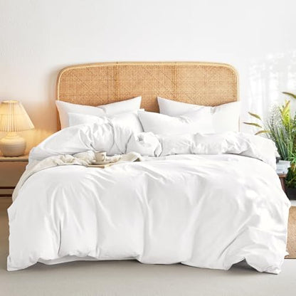 Wake In Cloud - Cotton Duvet Cover Set, 100% Washed Cotton, Linen Like Textured, Breathable Durable Comfy Farmhouse Neutral Bedding Set, 3 Pieces, White, King Size