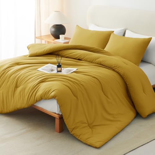 CozyLux Queen Comforter Set 3-Piece Down Alternative Bedding Mustard Yellow