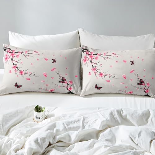 Feelyou Kids Cherry Blossoms Duvet Cover King Size Butterfly Bedding Set Boys Girls Japanese Style Comforter Cover Set Sakura Flower Floral Botanical Spring Bedspread Cover（No Comforter