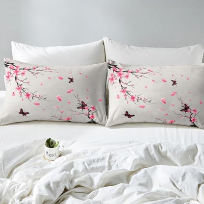 Feelyou Kids Cherry Blossoms Duvet Cover King Size Butterfly Bedding Set Boys Girls Japanese Style Comforter Cover Set Sakura Flower Floral Botanical Spring Bedspread Cover（No Comforter