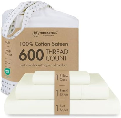 Threadmill 600 Thread Count Cotton Twin XL Sheet Set, Sateen, Ivory