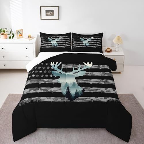 Feelyou Queen Camo Deer Hunting Bedding Set for Kids with 2 Pillow Cases, Forest Smoky American Flag Duvet
