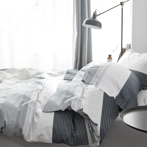 mixinni Farmhouse Queen Gray Striped Comforter Set Queen Size Bed Fluffy Geometric Pattern Comforter for Boys Men, 1 Geometric Comforter and 2 Pillow Shams, All Season-Queen Size