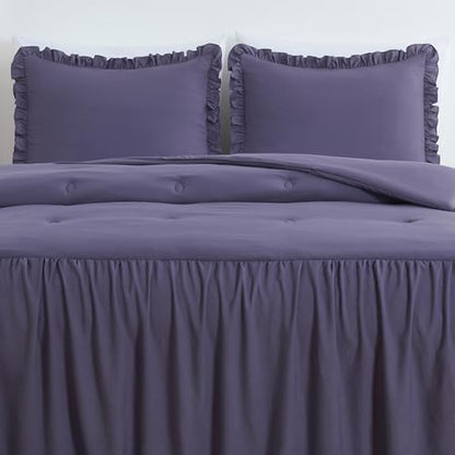 Chezmoi Collection Sinclair 3-Piece Ruffle Skirt Bedspread Set - Soft Lightweight Crinkle Texture Microfiber Bedding - French Country Chic Farmhouse - King, Dusty Purple
