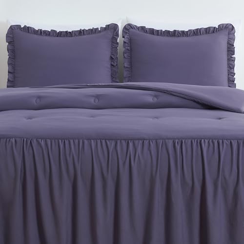 Chezmoi Collection Sinclair 3-Piece Ruffle Skirt Bedspread Set - Soft Lightweight Crinkle Texture Microfiber Bedding - French Country Chic Farmhouse - California King, Dusty Purple
