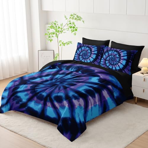 7Pcs Tie Dye Comforter Set Blue Spiral Printed Bedding Set with 1 Comforter, 1 Flat Sheet, 1 Fitted Sheet and 4 Pillowcases for Boys and Girls Bedroom (Spiral King