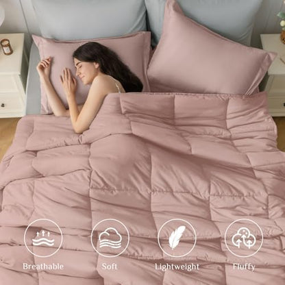 JOLLYVOGUE Twin Comforter Set, Ultra-Soft Bed in a Bag Twin Size 5 Pieces, Oeko-TEX Certified Bedding Set with Down Alternative Comforter, Sheets, Pillowcases & Shams, Pink & Light Grey