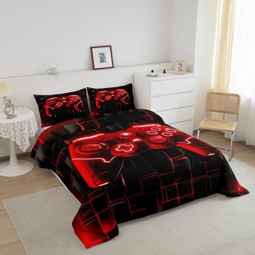 Manfei Kids Games Comforter Set King Size, Red Gaming Bedding Set for Boys Girls Teens Bedroom Decor, Black Video Gamer Controller Down Comforter, Reversible Gamepad Quilt Set, 2 Pillowcases