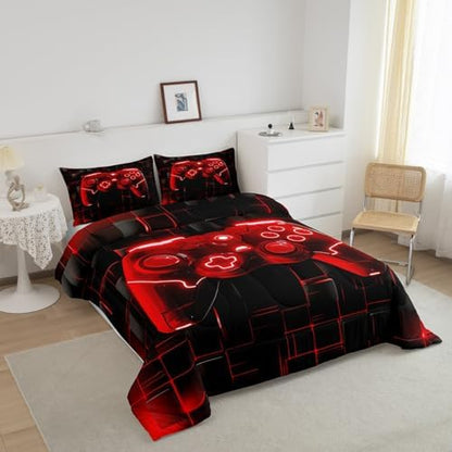 Manfei Kids Games Comforter Set King Size, Red Gaming Bedding Set for Boys Girls Teens Bedroom Decor, Black Video Gamer Controller Down Comforter, Reversible Gamepad Quilt Set, 2 Pillowcases