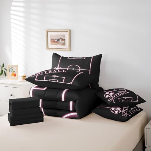 Erosebridal Kids Football Bed in a Bag 7-Piece for Girls Pink Bedding Set, Ball Gamer Twin Size Comforter Set Sport Game Bedding Comforter Sets, Girly Soccer Field Bed Set Luxurious (Black Reversible)