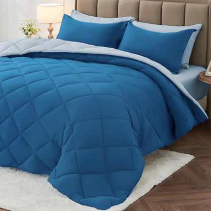 MUXHOMO 7 Pieces Full Comforter Set, Reversible Bed in a Bag Full Size, All Season Bedding Set with Comforter, Flat Sheet, Fitted Sheet, Pillowcases & Shams, Teal & Lake Blue