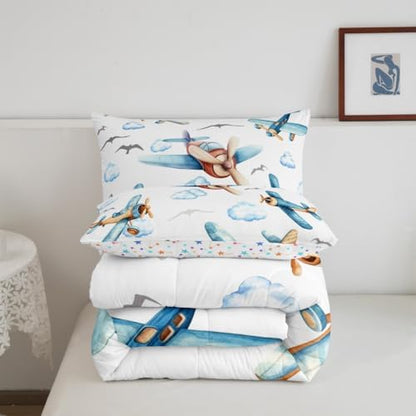 Erosebridal Boys Cartoon Propeller Plane King Size Comforter Set, Aircraft Airplane Bedding Set, Blue Clouds Comforter for Kids Child Girls Adults Bedroom, Flying Birds Animals Duvet Insert