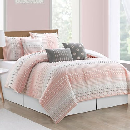 LANCO MODERN LIFESTYLE Queen Comforter Set, Pink, Jacquard Clip Striped Design, Elegant Soft 7 Pieces Bedding Set for All Seasons, Matching Bedskirt, Pillow Shams and Decor Pillows